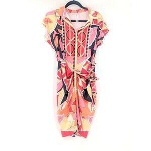 HalfHeart Mod Hippie 70s Button Tie Rouged Short Sleeve Midi Dress Size Medium